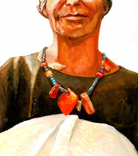 In het veen bij Exloo in Drenthe is een bijzonder halssnoer gevonden met kralen van barnsteen, tin en faience, een soort glas. Het snoer is waarschijnlijk als offer in het veen begraven. (Tekening: Kelvin Wilson)